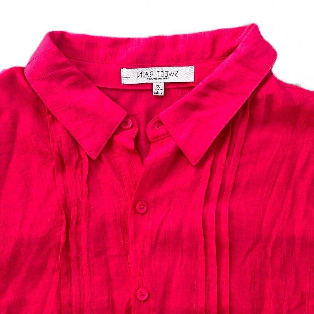 Sweet Rain Women's Pleated Embroidered Long Sleeve Button Down Blouse Fuchsia 3X - Picture 2 of 8